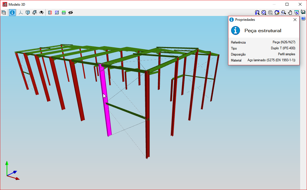CYPE 3D. Vista 3D da estrutura. Informação dos elementos estruturais