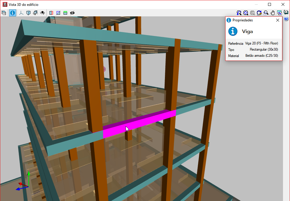CYPECAD. Vista 3D da estrutura. Informação dos elementos estruturais