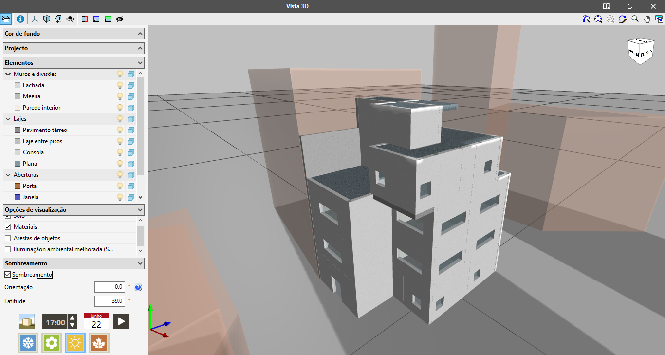 IFC Builder. Visualização das sombras sobre o modelo 3D do edifício