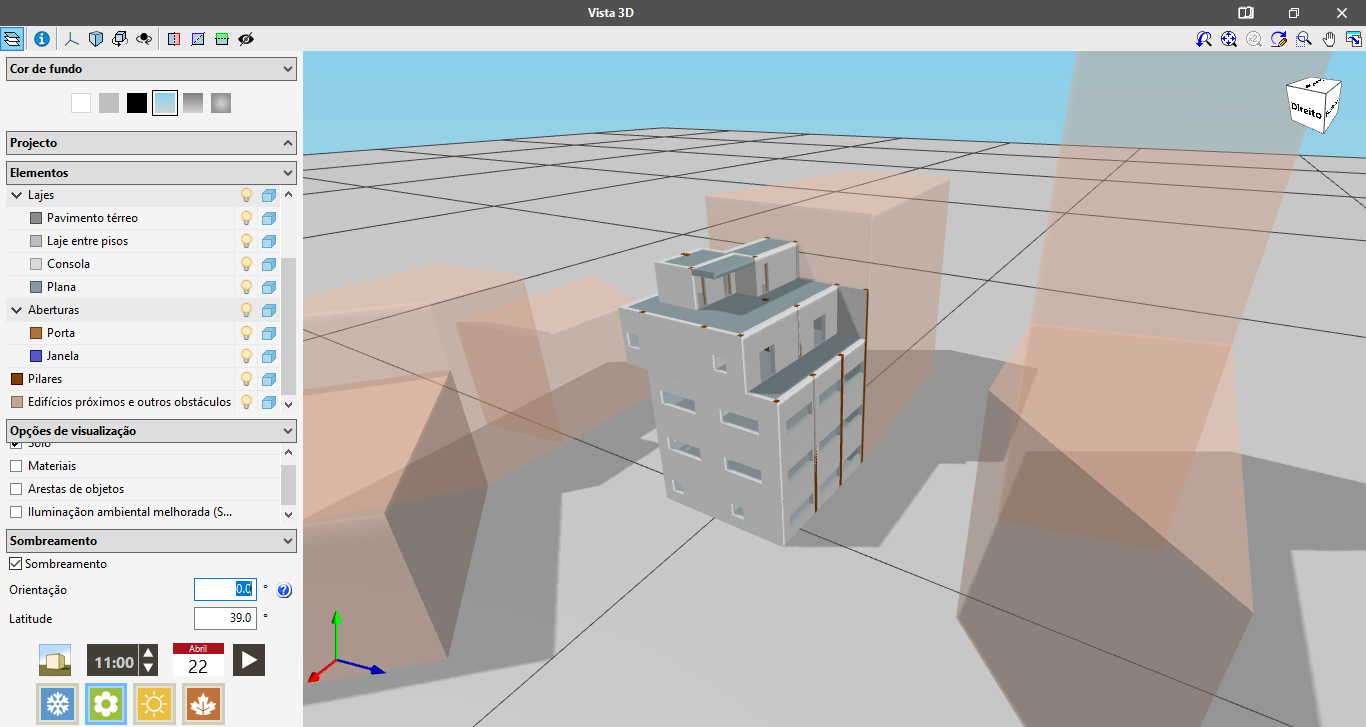 IFC Builder. Visualização das sombras sobre o modelo 3D do edifício